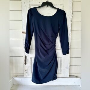 OLGA & MAYA, NWOT, NAVY BLUE, MINI DRESS. 3/4 SLEEVE, SIDE RUCHING. SIZE S